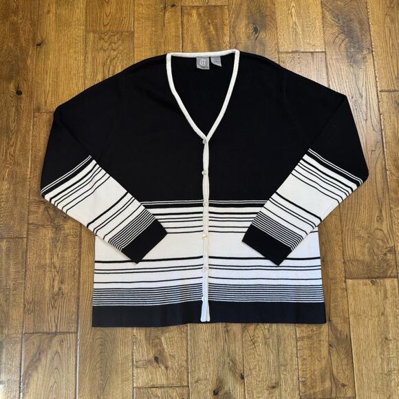 Chandler Hill Sweater Set Cardigan & Turtleneck Tank Black White Stripe Sz XL - Picture 2 of 10